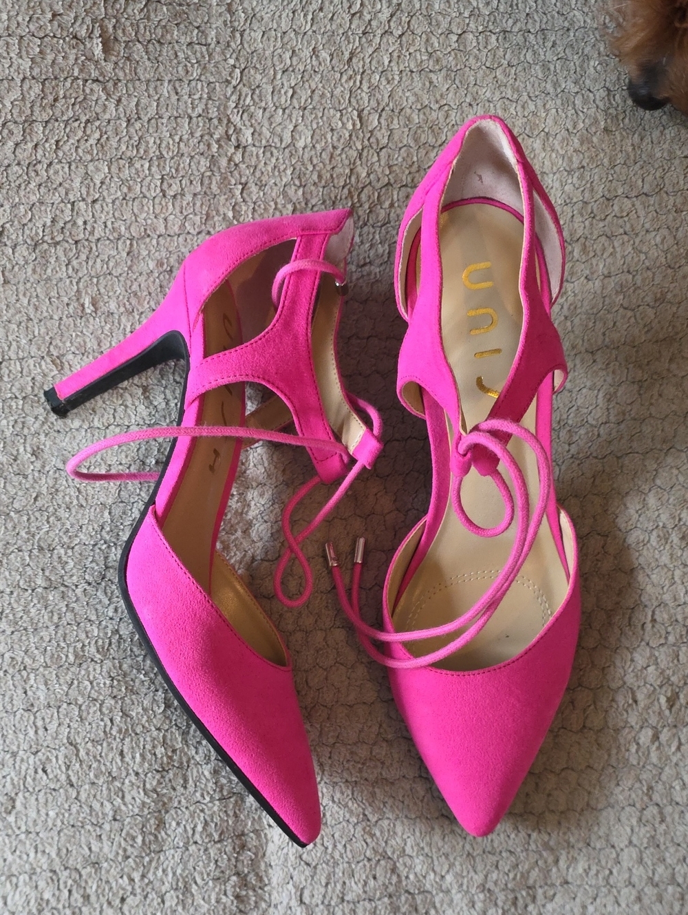 Unisa Hot Pink Suede Pointed Toe Lace-Up Heels